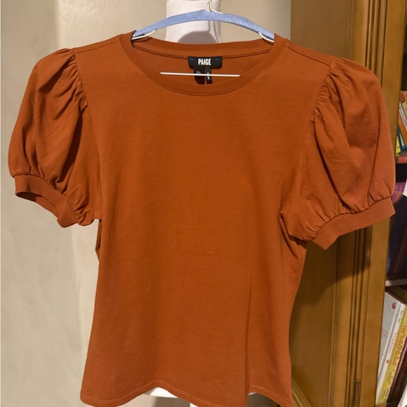 PAIGE MATCHA TEE IN TERRACOTTA - Short Sleeve Puff Top - Warm Brown Sz:XS - Picture 4 of 11